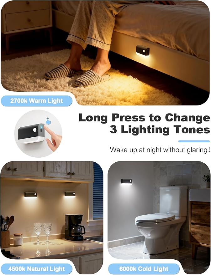 VOLISUN Motion Sensor Night Light, Rechargeable Stair Lights Indoor, Battery Operated Night Light for Hallway, Stairway, Bathroom, Bedroom, Kitchen, 3 Modes & 3 Color Temperatures(3 Pack Black)