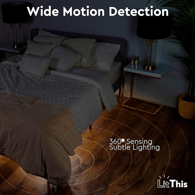 Under Bed Lights Motion Sensor Patented 360° motion activated night light for under bed light. – No Installation, easily positioned, dimmable, auto on/off.