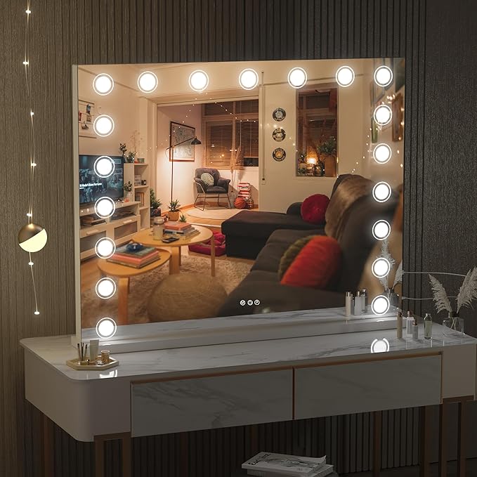 Hasipu Vanity Mirror with Lights, 40" x 32" Makeup Mirror, Light up Mirror with 19 Dimmable LED Lights and 10X Magnification, 3 Colors Modes, Touch Control, USB Charging Port, White