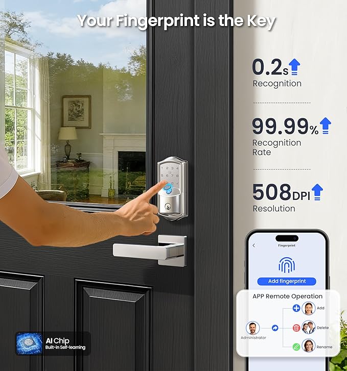 Veise VE027-L Built-in WiFi Smart Lock with Handle, Fingerprint keyless Entry Door Lock Set, App Remote & Voice Control, Electronic Deadbolt for Front Door, Touchscreen Keypad, Auto Lock, Satin Nickel