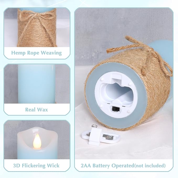 Crystal Club Blue Flameless Candles, Set of 5 Battery Operated LED Pillar Candles with Timer, Real Wax Candle Set with Remote for Home Bedroom Décor
