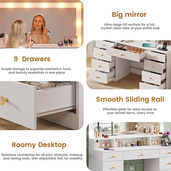 White Vanity Desk with Large Lighted Mirror, Makeup Vanity Desk with Power Outlet, 9 Drawers & Storage Shelf, Women Girls Vanity Dressing Table for Bedroom Bathroom