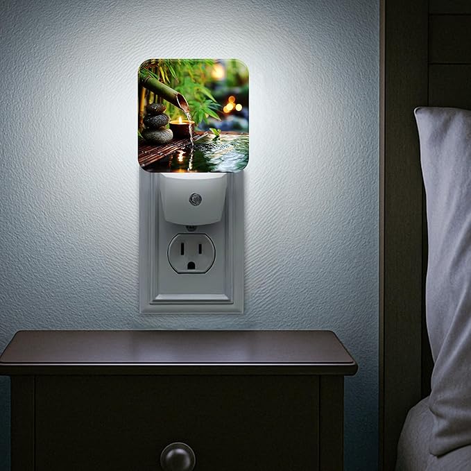 Bamboo Night Lights Plug Into Wall, Zen Natural Stones Water None Green Smart Outlet Plug in Led Night Light Lamp for Living Room Family Room Bedroom Decor 1pcs
