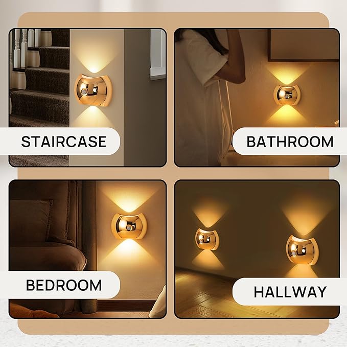 Battery Operated Wall Sconces Set of Two, Rechargeable Wireless LED Wall Lights — Motion Sensor, No Drill Magnetic Mount, 3 Modes, for Bedroom Hallway Stairs, Gold