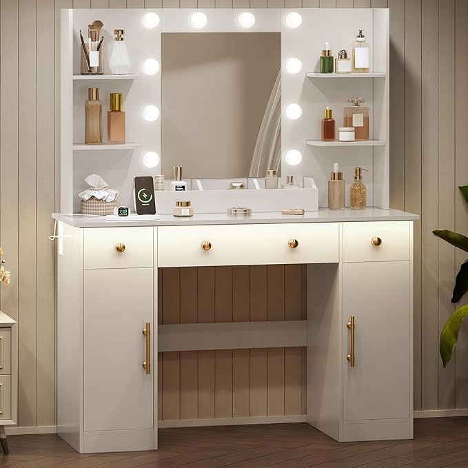 Vanity Desk with Mirror and Lights, Makeup Vanity with Mirror and LED Lights & Power Outlet, 3 Drawers and Cabinets, 3 Lighting Modes Dressing Table Set for Girls Women Bedroom, White