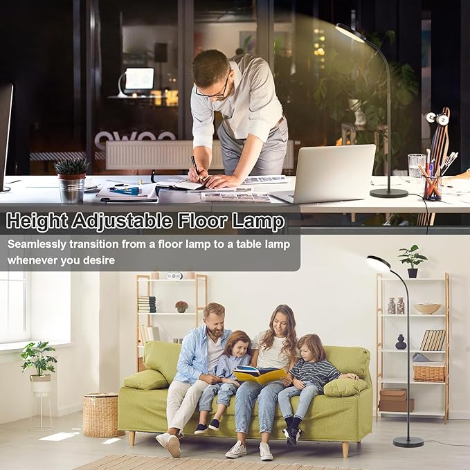 Floor Lamp, LED Floor Lamps for Living Room, Stepless Adjust Color Temperatures & Brightness Standing Lamp with Touch Control Tall Lamps Adjustable Gooseneck Reading Floor Lamp (Black)