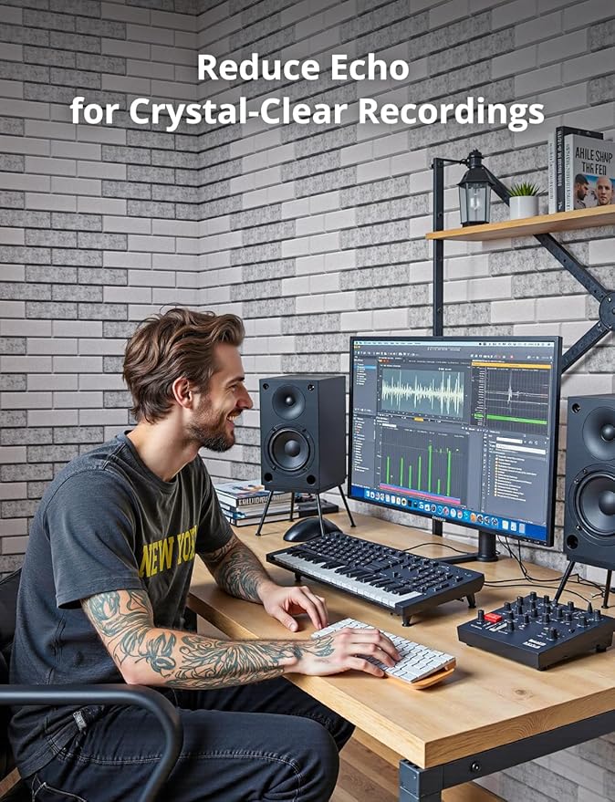 Kuchoow Acoustic Wall Panels, Brick Pattern Peel and Stick Sound Absorbing Tiles for Walls, Ceiling, Door, Pared, 12 Pack 12"x12"x0.4", Black Self Adhesive Decorative for Recording Studio, Room