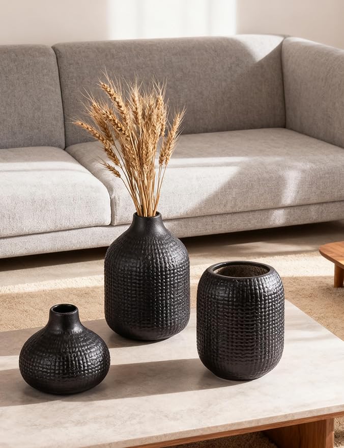 Black Ceramic Vases for Decor, 3 Set Weave Style Modern Minimalist Farmhouse Decoration for Table Shelf, Bookshelf Decoration