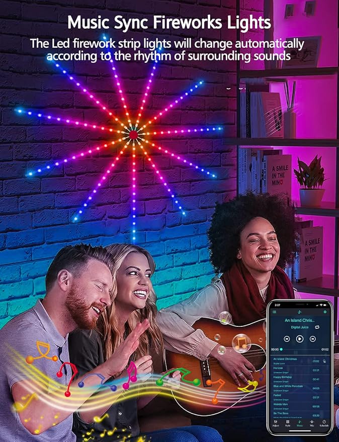 Daymeet Smart Firework LED Lights, ICRGB Dream Color LED Lights for Bedroom, LED Strip Lights with Remote App Control, Color Changing Music Sound Sync Light for Bedroom, Christmas Decorations