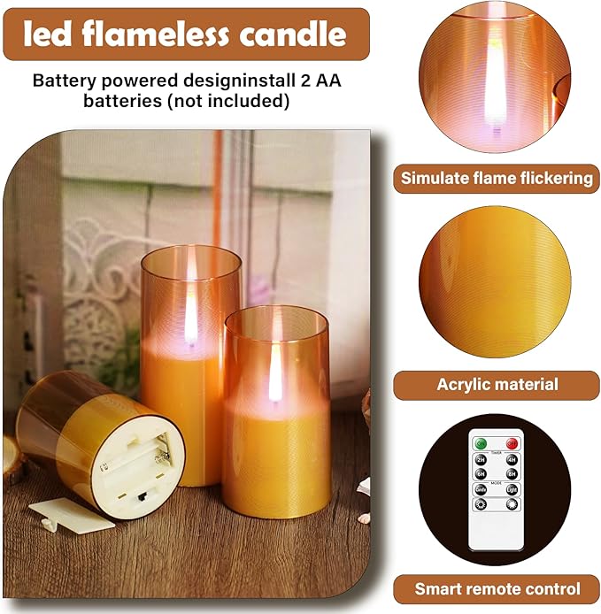Flameless Candles Upgraded Realistic Flickering Flame,Battery Operated LED Candles with Remote Timers,Acrylic Electric Candles Set of 3(D 3" xH 4" 5" 6")（Gold）