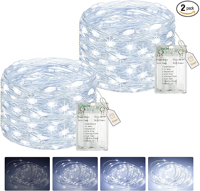 btfarm 2 Pack Fairy Lights Battery Operated with Timer, 16.4 FT 50 LED Silver Wire Twinkle String Lights 8 Modes Dimmable Waterproof for Indoor Christmas Bedroom Wedding Decorations, Cool White