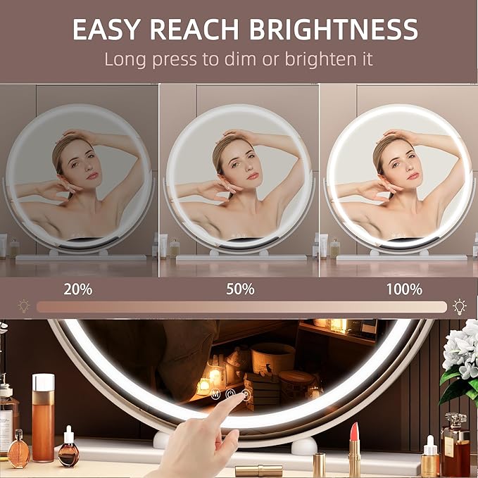 Hasipu Vanity Mirror with Lights, 23.6" LED Large Makeup Mirror, Lighted Makeup Mirror with Lights, Smart Touch Control 3 Colors Dimmable Round Mirror 360°Rotation White