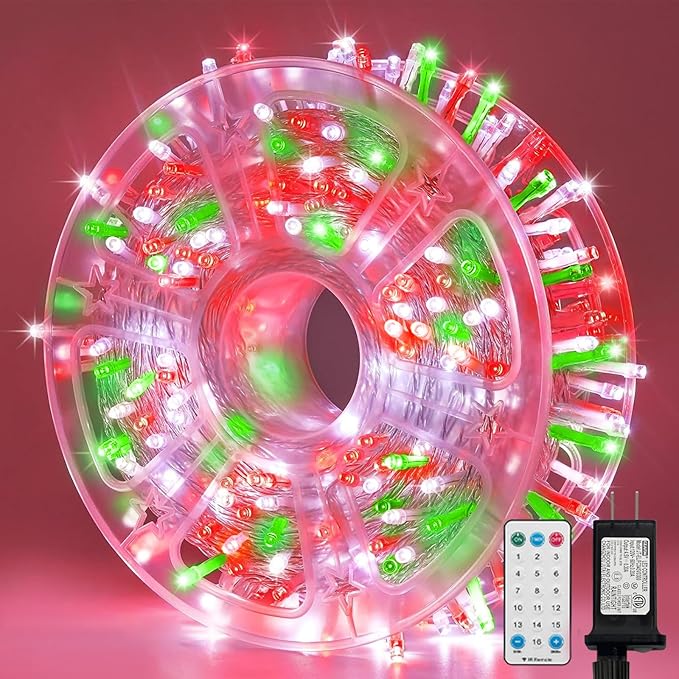 LAMPHOME 165ft Christmas Decorative Mini Lights, 500 LED Transparent Wire Fairy Starry String Light Plug in, 16Lighting Modes for Indoor Outdoor Xmas Tree Wedding Party Decoration (Red Green White)