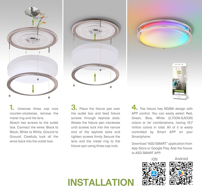 ASD LED 18" Round Flush Mount Lighting, Close to Ceiling Light Fixture | Smart, Multicolor, Dimmable, ETL Listed | 28W 1844LM RGB-2700-6500K 120V | Low Profile Double Ring Lamp | Nickel, 2 Pack