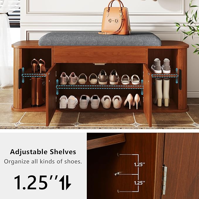 47.2'' Entryway Shoe Storage Bench with Seat Cushion & Sliding Door, Shoe Rack with Lift-Top Hidden Storage & Adjustable Shelf, Bench for Bedroom End of Bed, Walnut