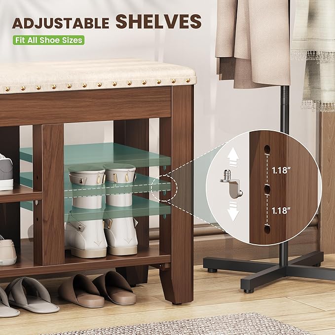 Shoe Bench for Entryway, Solid Rubberwood Shoe Bench with Hidden Storage, Adjustable 2-Tier Shelves & Soft PU Leather Seat, Shoe Rack Durable Easy Assembly for Hallway or Bedroom - Beige, 47.2"