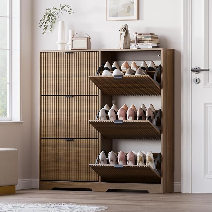 Large Shoe Cabinet for Entryway, Tall Narrow Shoe Storage Cabinet with 6 Flip Drawers and Adjustable Shelves, Shoe Rack Cabinet Organizer for Hallway, Foyer, Small Apartment