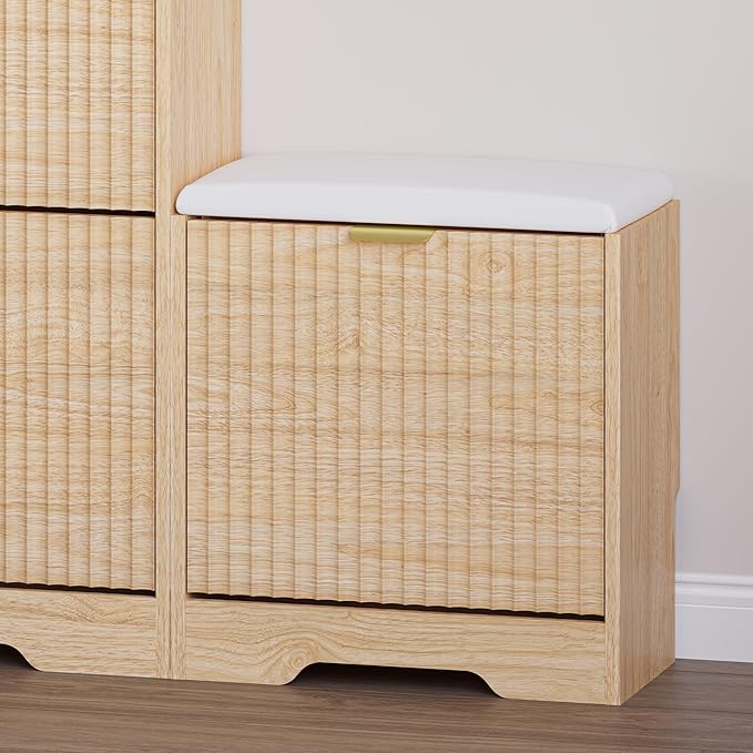 Slim Shoe Cabinet with Bench for Entryway, Hidden Storage and Adjustable Shelves, Free Standing Wooden Shoes Organizer for Hallway, Foyer