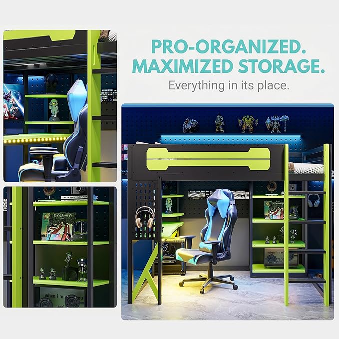 MERITLINE Ultimate Gaming & Study Loft Bed: Full Size Wood Frame with Integrated Desk, RGB Lights, Charging Station, Bookshelf & Pegboard (Black+Green)