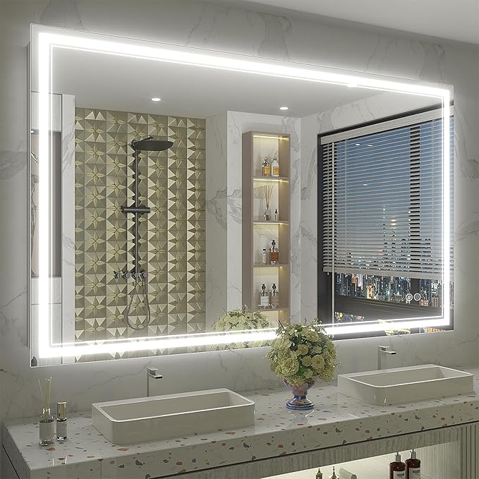 OKPAL 60x36 LED Bathroom Mirror, Anti-Fog Lighted Bathroom Mirror, Dimmable Lighted Vanity Mirror, LED Vanity Mirror with Lights, Shatterproof, ETL Listed, Horizontal/Vertical