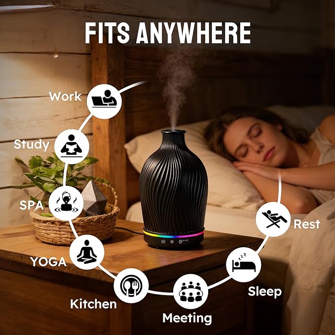Essential Oil Diffuser 150ml, Resin Material Aromatherapy Diffuser with 1/2/4H Timer, 7 Color Lights, Auto Shut-Off, Whisper-Quiet Ultrasonic Humidifier for Home Bedroom Office (Black)