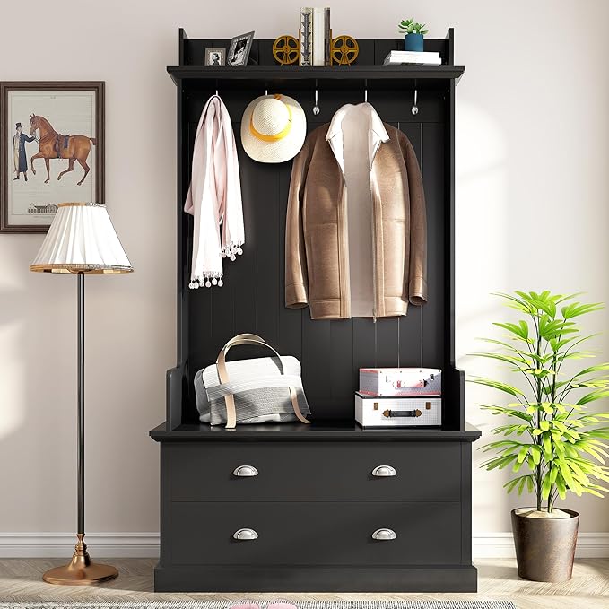 RUNNA Wooden 38.5" Wide Hall Tree with Coat Rack and 2 Large Drawers,Bench,5 Metal Hooks and Handles,For Livingroom Hallway Entryway Use (Black@Drawers)