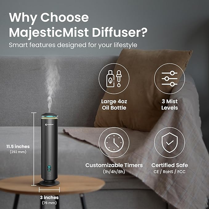 MajesticMist Waterless Essential Oil Diffuser, Rechargeable Aluminum Cold-Air Aroma Diffuser for Large Rooms up to 1000 sq ft, Wireless Charging Base, Quiet, 4 oz, Remote Control