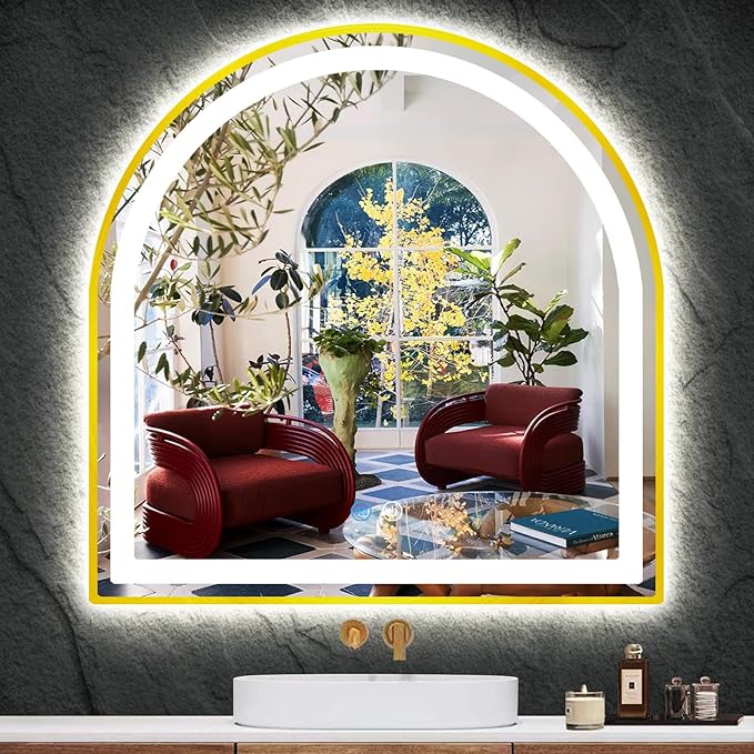 24 x 26 Inch Gold Arch LED Mirror for Bathroom Wall Makeup Desk Table Gold Arched Vanity Mirror with Lights AntiFog Smart Memory 3 Color Dimmable 26 Golden Frame Arched Lighted Vanity Mirrors