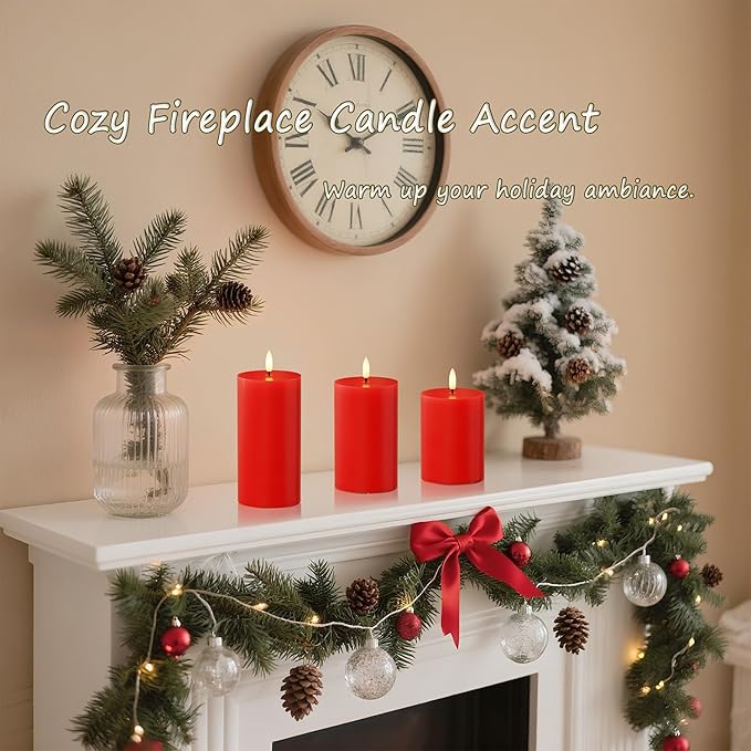 Flameless Pillar Candles with Remote, 3 Pack Battery Operated Real Wax LED Candles, Perfect for Home Decorations Fireplace Table, Red