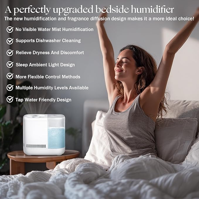 Evaporative Humidifier for Bedroom (No Mist) – Dishwasher Safe, No White Dust, Smart Remote with Sensor, Red Sleep Light, White Noise, Nursery Humidifier with 2.5L Tank, 2 Filters & Aroma Kit