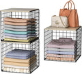 3PCS Stackable Closet Organizers and Storage, Shelves with Wood Top Extra Storage, Clothes Organizer Basket, Bin, or Tube for Wardrobe and Home Organization (Black-Sturdy Metal) Patent Pending