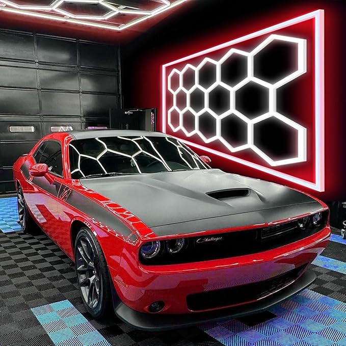 Large Hexagon Garage Lights 14 Hex LED Higher Brightness Lights with Red Light Rectangle Frame Octagon Honeycomb Lighting for Garage Car Detailing Barber Shop Gym Warehouses.