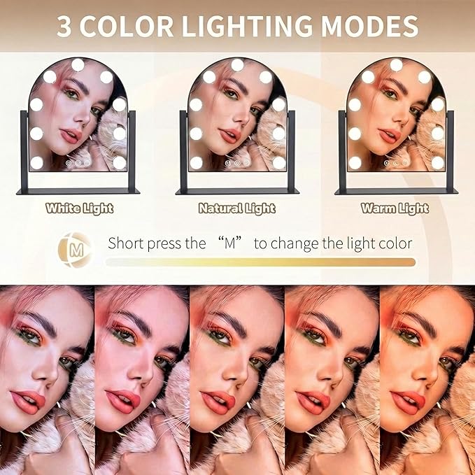 Arched Makeup Vanity Mirror with Lights 14.17"x 11.81" LED Makeup Mirror Detachable 10X Magnification, Hollywood Make Up Mirror with Lighting, Smart Touch, Rechargeable,360° Rotation,(Black)