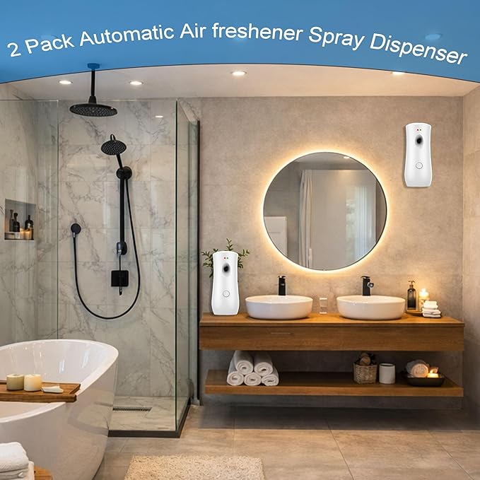 Automatic Air Freshener Spray Dispenser (2-Pack) Wall Mounted or Free Standing, Commercial and Home Use, Multiple Time Scent/Mist Release Settings for Room/Restroom Sprayer (White1101)