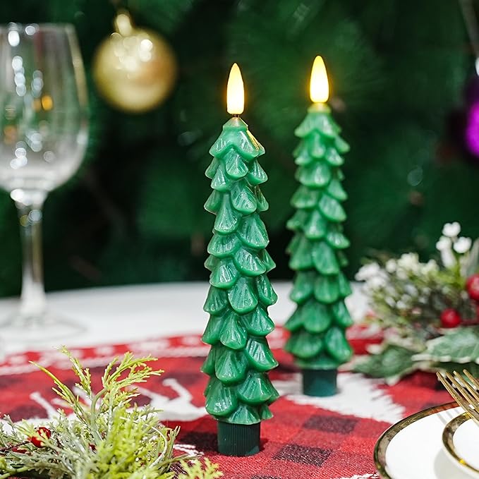 Christmas Tree Taper Candles with Remote & Timer, Flameless Christmas Tree Wax Battery Operated Green Tree LED Candle for Christmas Home Decor (3pcs,7inch)