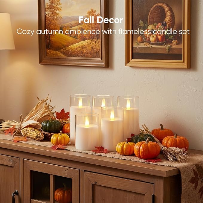Amagic 3"×4" 5" 6" 6" 6" White Flameless Candles with Remote and Timer, Realistic Flickering Battery Operated Acrylic Led Fake Candles for Home Wedding Party Fall Christmas Decor, Set of 5