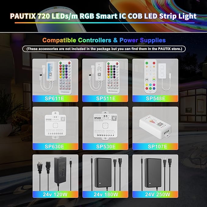 PAUTIX IP65 Waterproof RGB Smart IC COB LED Strip Light Addressable 16.4ft/5m,24V Color Flowing Strip Light Multicolor Flexible Tape Lights for TV,Room,Party DIY Decoration(Without Controller&Adapter)