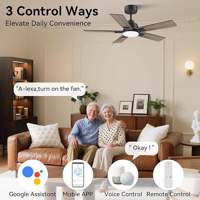 42 Inch Ceiling Fans with Lights,Smart Ceiling Fan with Light and Remote Control,Alexa,APP, Black Indoor Outdoor Ceiling Fans for Small Bedroom,Patio,Porch,5 Blades,Dimmable LED,6 Speed,Quiet DC Motor