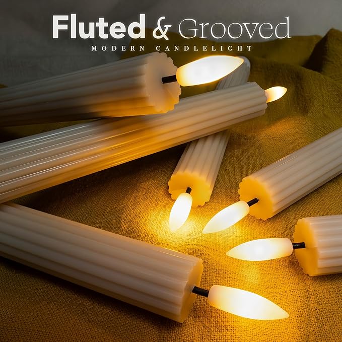 WYZworks 10" Fluted Ribbed LED Cream Beige Grooved Pillar Candles, Remote & 24h Timer Memory, On/Off Switch - Flameless Dimmable Battery Operated w/Flicker Mode, Home Wedding Decor (6 Pack)