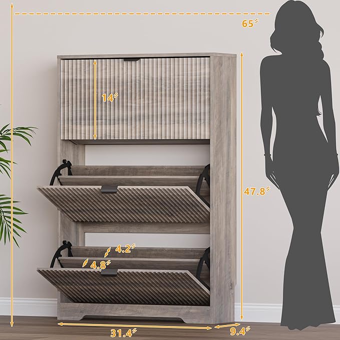 Entryway Shoe Cabinet with 3 Flip Drawers, Narrow Shoe Organizer Cabinet with Fluted Panel and Adjustable Shelves for Foyer, Hallway