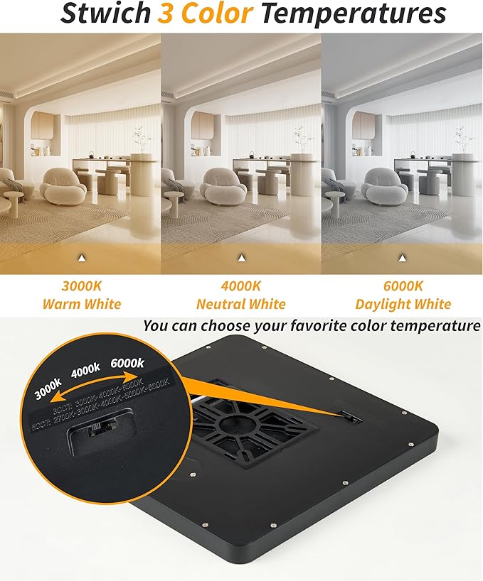 Square Led Flush Mount Ceiling Light,20 Inch 40w 4520lm led Light 3000k,4000k,6000k CCT Selectable,Flat Panel Super Slim Led Ceiling Light Fixture,for Living Dining Kitchen Bedroom Room (1Pack-Black)