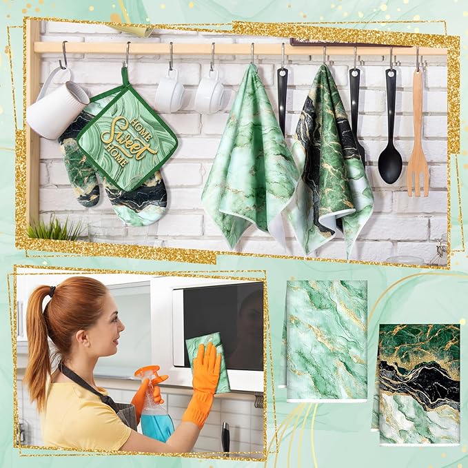 Bencailor 6 Pcs Marble Kitchen Decor Gold Pot Holders Oven Mitts 2 Dish Towels 2 Farmhouse Cooking Mittens Oven Glove and Potholder for Baking Cooking Grilling Supply Accessories(Green)