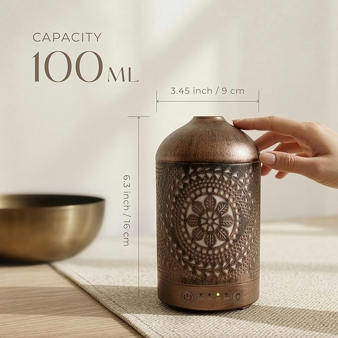 Earnest Living Essential Oil Diffuser Metal Diffuser 100 ml Timers Night Lights and Auto Off Function Home Office Humidifier Aromatherapy Boho Decor Gift