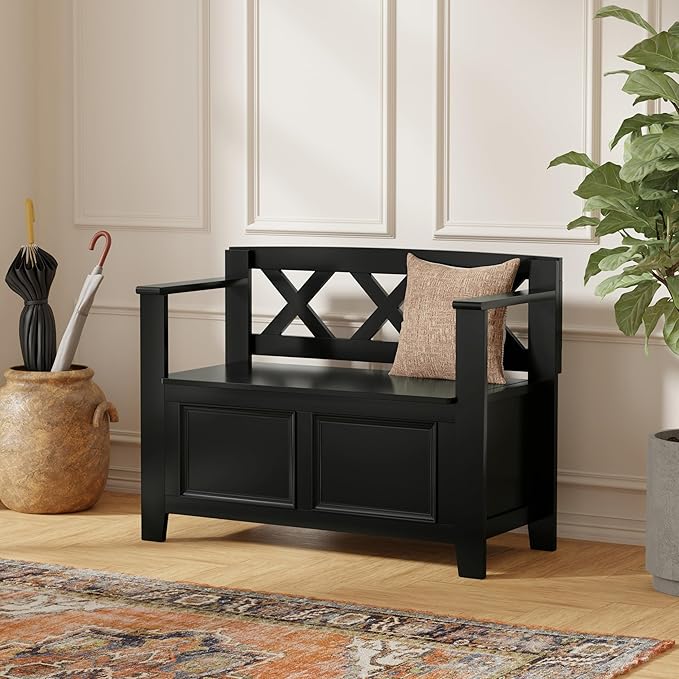 SIMPLIHOME Amherst Entryway Storage Bench - 36 inch Wide Solid Wood Hallway Bench in Black, Transitional Bench for Entry or Mudroom with Lift-Up Lid, Storage Compartments and X-Back Detail