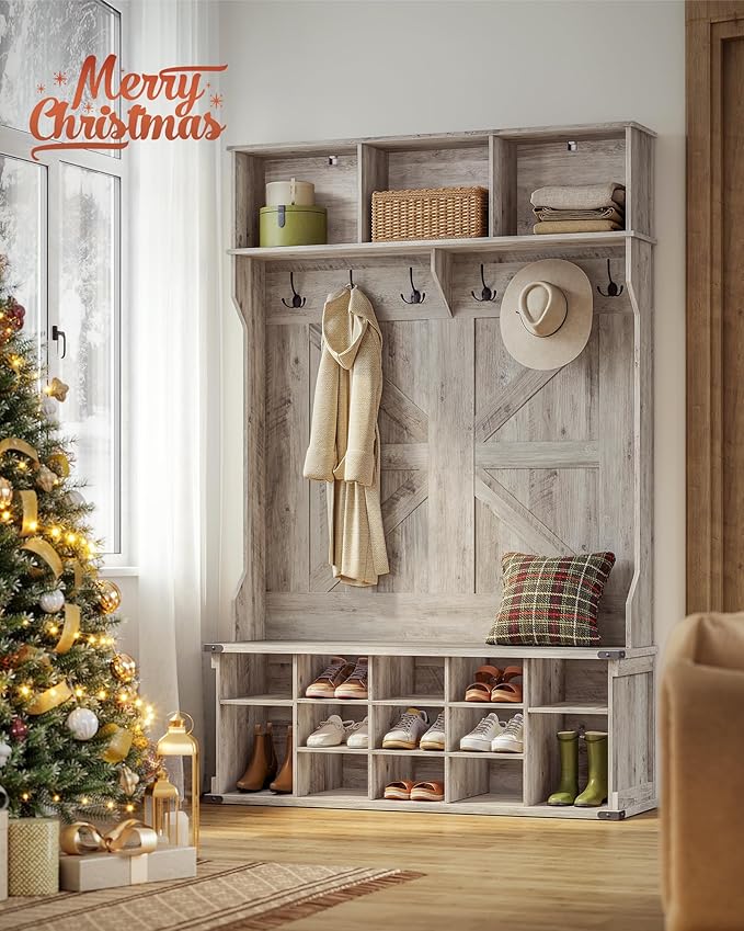 VASAGLE Hall Tree with Bench and Shoe Storage, Coat Rack with Shoe Bench, Entryway Furniture, 16 Open Compartments, 6 Tri-Hooks, Farmhouse Style, Space Saving, Heather Greige UHSR427K02