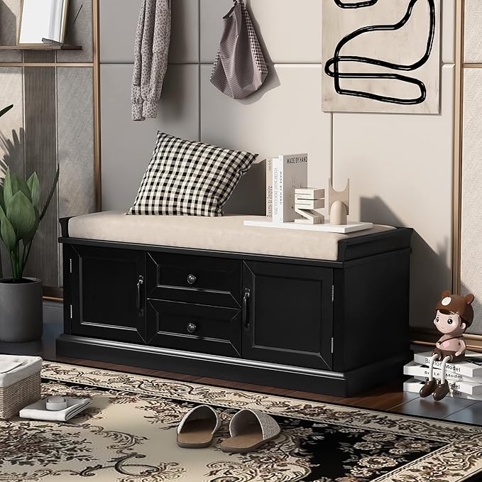 Entryway Storage Bench with Drawers & Cabinets — Cushioned Shoe Storage Bench for Hallway, Mudroom, or Living Room, Solid Wood Frame (Black)