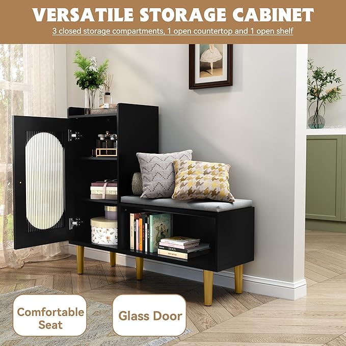 HLR Storage Bench Set of 2, Black Modern Entryway Shoe Cabinet Bench with Glass Door&Shelf, L-Shaped Storage Cabinet with Padded Seat for Hallway, Bedroom, Living Room, Office