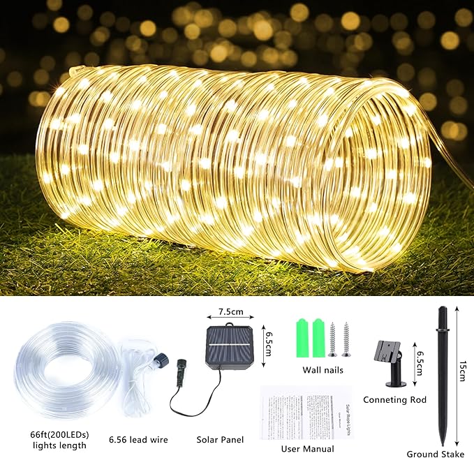 Solar Rope Lights, 66ft 200LED Solar String Lights, 8 Modes Waterproof Solar Powered Outdoor Light, Flexible Clear Tube Light for Garden, Backyard, Patio, Deck, Porch, Pool, Tree Decor - Warm White