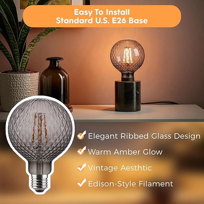 Vintage Edison LED Bulbs, Dimmable 4W Globe G125, 2200K Warm White Ambient Mood Lighting for Decoration, Squirrel Cage Filament, Smok Diamond Figure Glass LED Light Bulbs, E26 Base