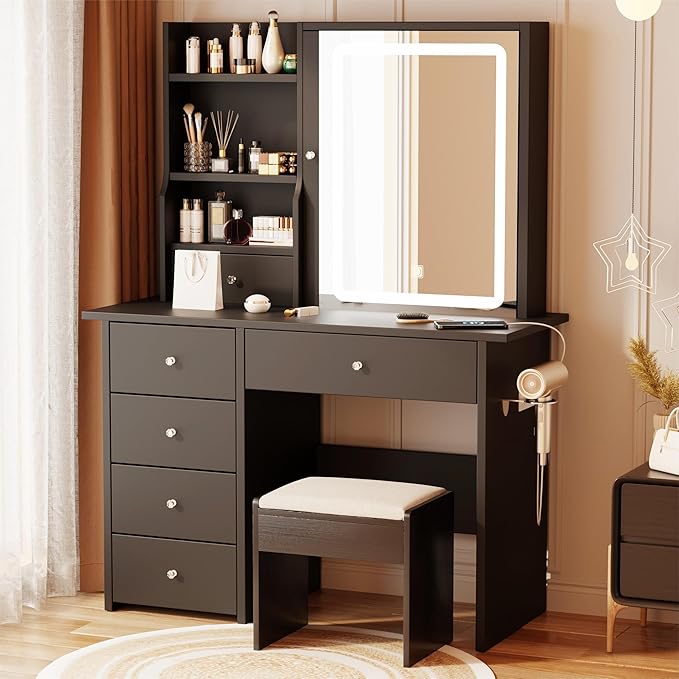 DYHOME Makeup Vanity Desk with LED Lights Mirror 3 Adjustable Modes and Power Outlets, Vanity Table with 6 Drawers Dresser and Bench, Makeup Desk for Bedroom Dressing Room, Black